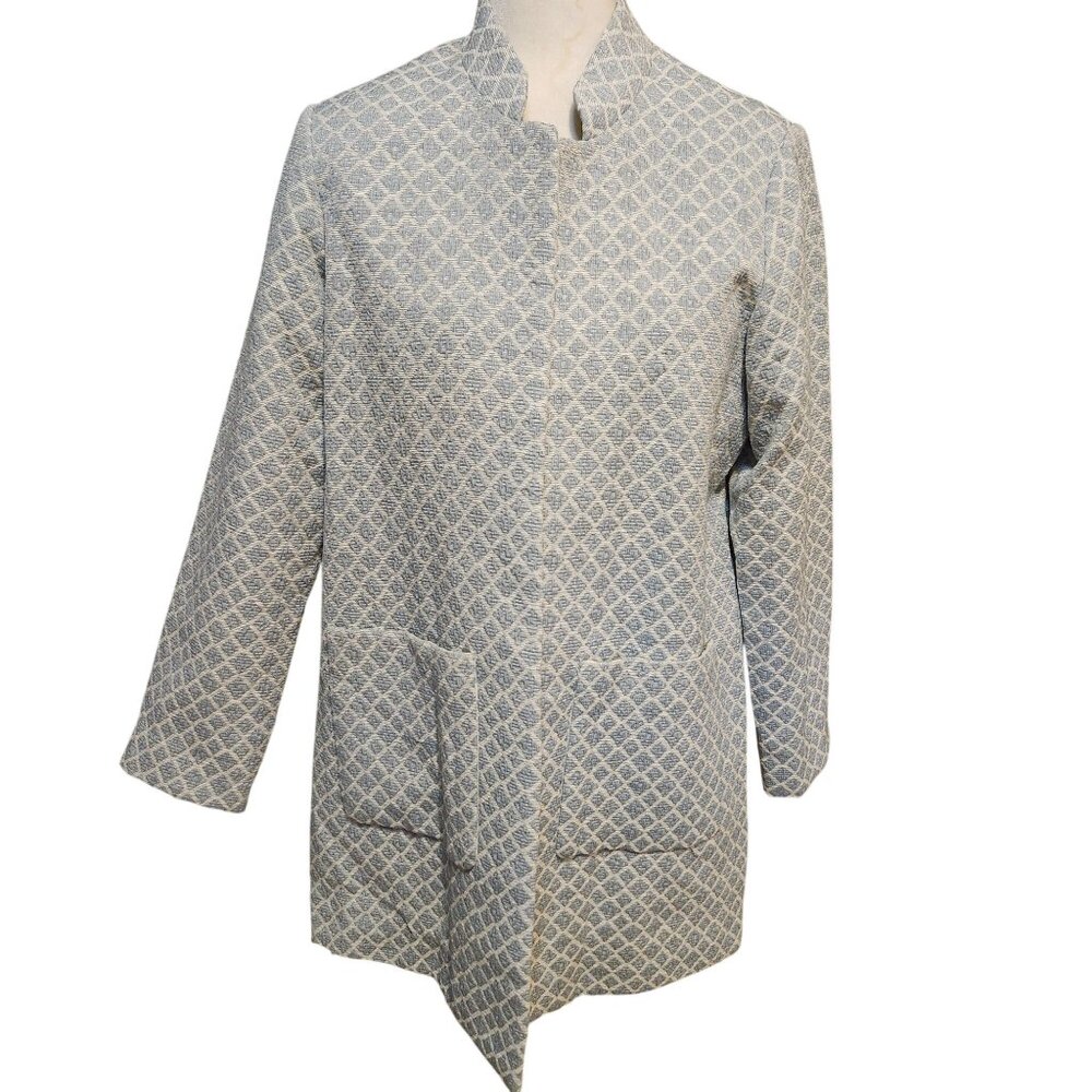 H&M Women's Size 14 Grey & White Textured Longline Jacket Coat Blue Grey Lined